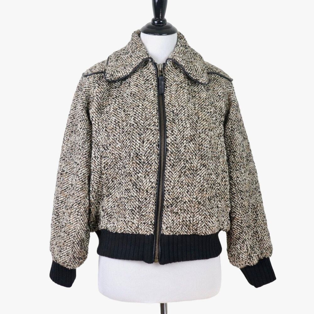Joie Size S Reille Cotton Wool Blend Bomber Jacket Tweed Caviar Tan